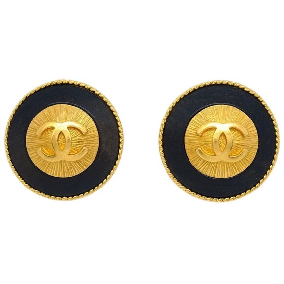 Chanel Button Earrings Clip-On Black Gold 93A - Picture 1 of 4